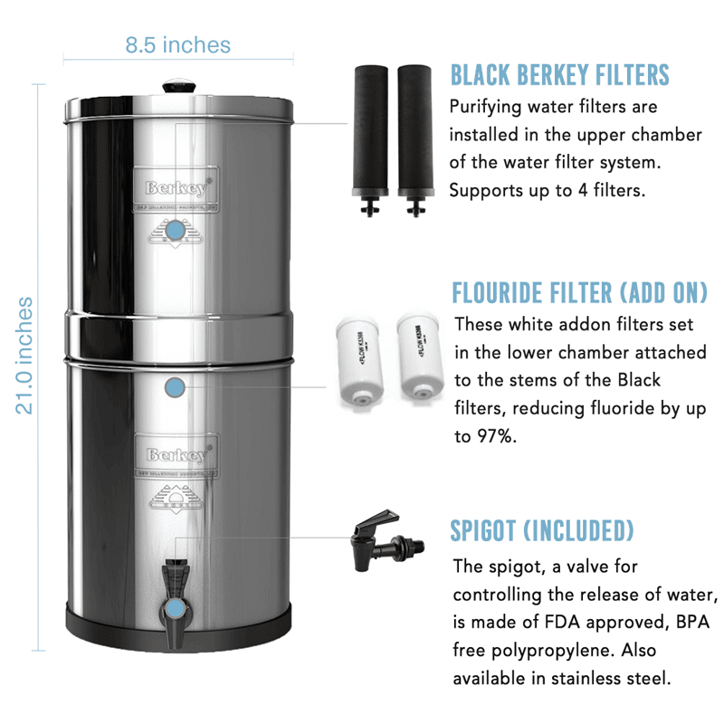 Big Berkey Water Filter w/ 4 Black Filters Steel Spigot