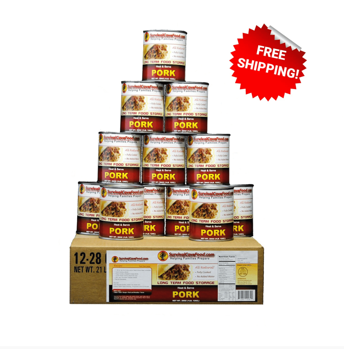Pork All Natural 12 Per Box 28oz Jumbo Cans by Survival Cave